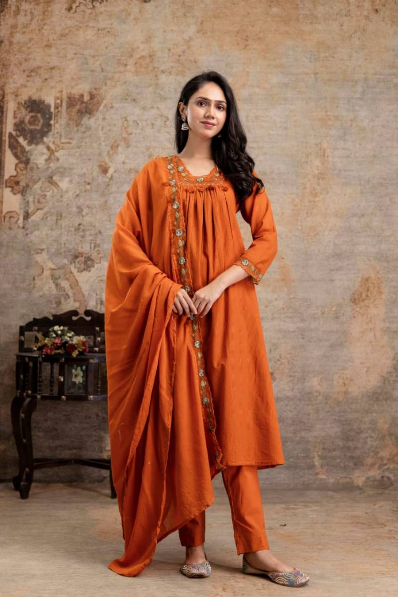 Rust Orange Self-Stripe Pure Cotton A-Line 3-Piece Kurta Set with Embroidered Dupatta