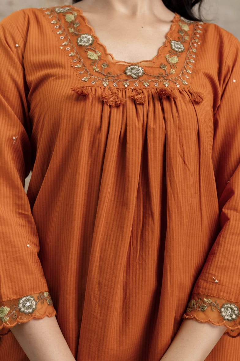 Rust Orange Self-Stripe Pure Cotton A-Line 3-Piece Kurta Set with Embroidered Dupatta