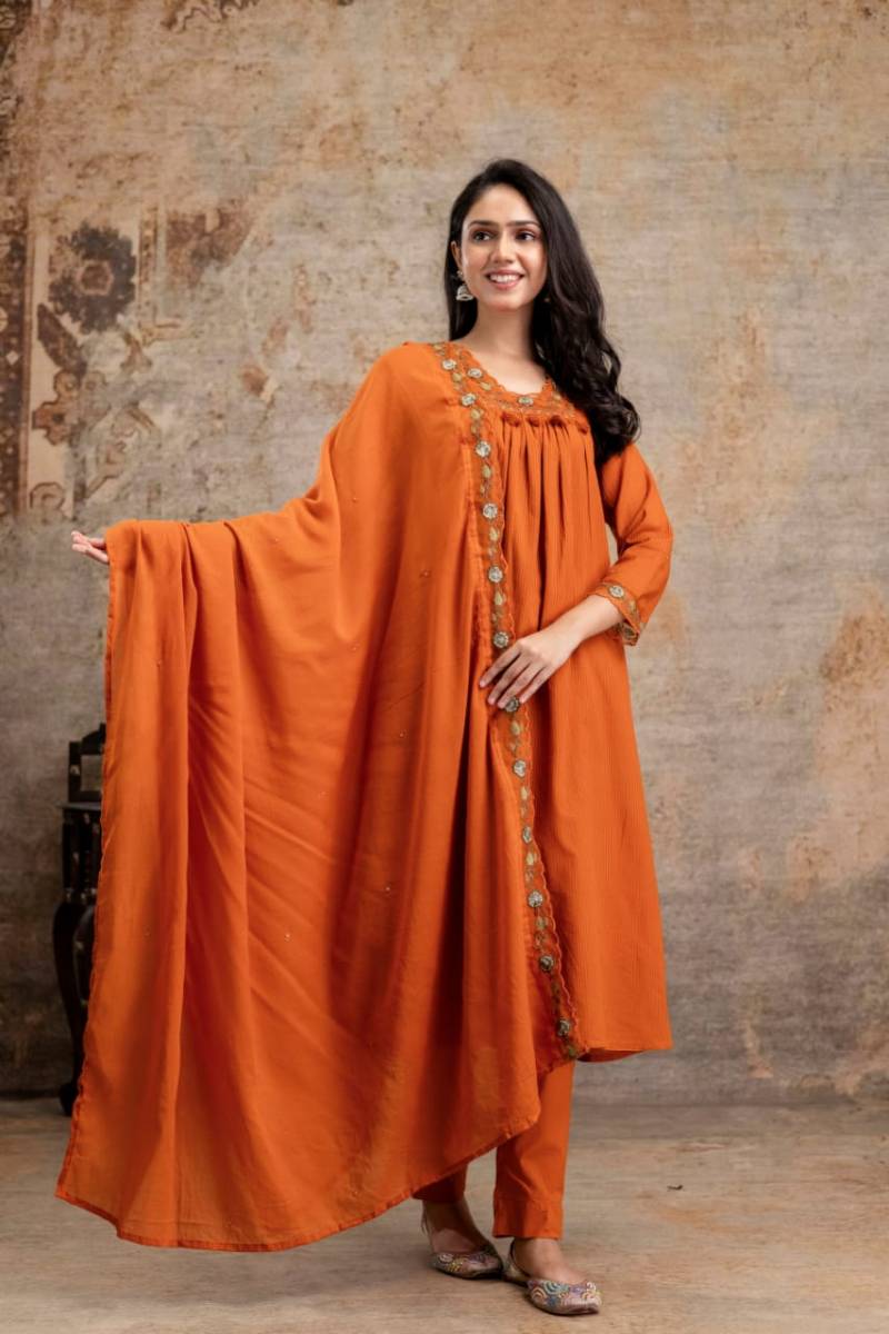 Rust Orange Self-Stripe Pure Cotton A-Line 3-Piece Kurta Set with Embroidered Dupatta