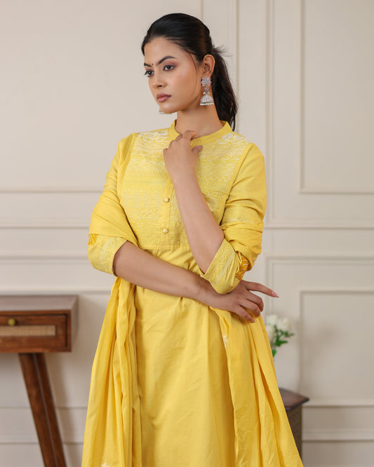 Cotton Yellow Embroidered Kurta Pant Set with Dupatta