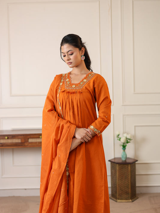 Rust Ember Embroidered Kurta Pant Set with Dupatta