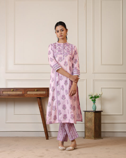 Pink Pure Cotton Printed Kurta Pant Set for Women