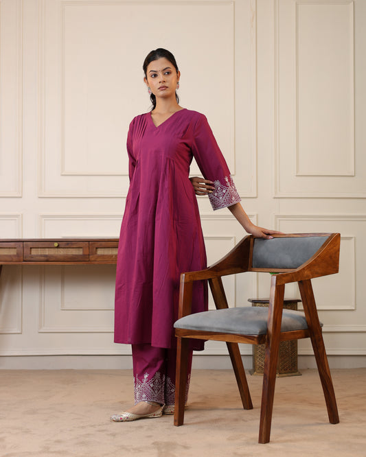 Wine Pure Cotton Embroidered Kurta Palazzo Set for Women