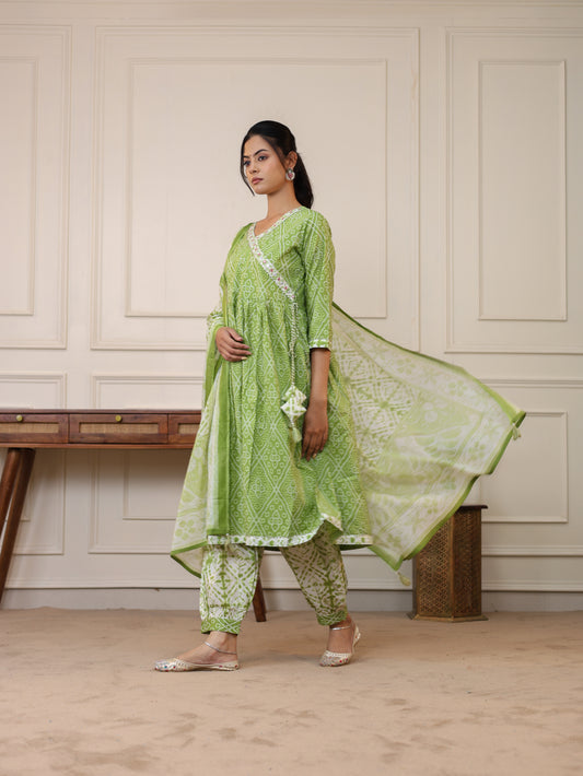Green Pure Cotton Anarkali Kurta Set with Afghani Salwar & Cotton Dupatta