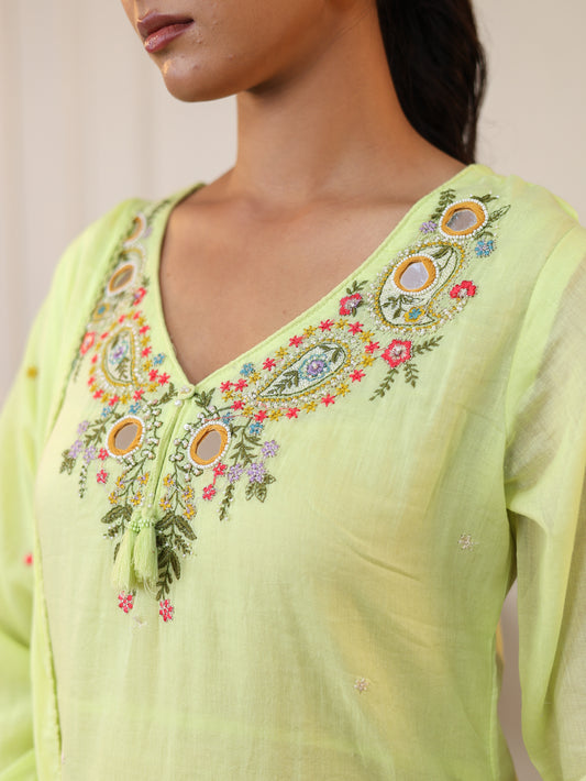 Lime Blossom Embroidered Kurta Pant Set with Dupatta
