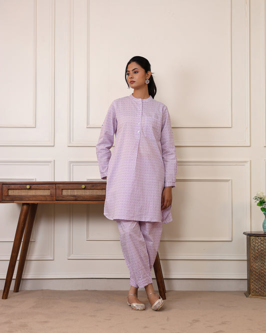 Lilac Printed Cotton Kurta & Pant Set
