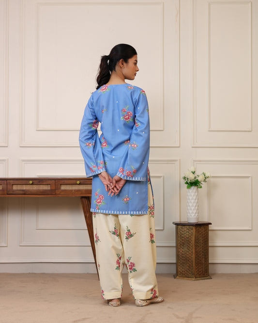 Blue Floral Cotton Farshi Salwar Set