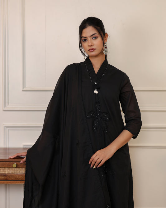 Black Embroidered Mul Cotton A-line Kurta Set with Dupatta