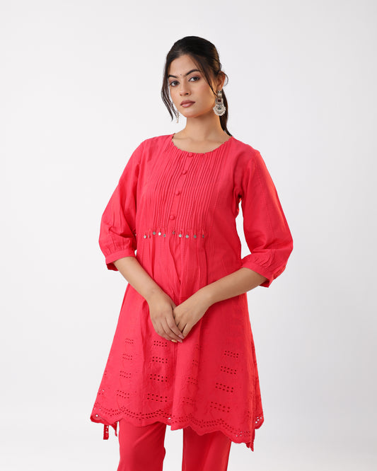 Coral Bloom Embroidered Kurta Pant Set
