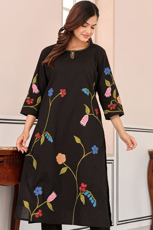 Kokko Stylish Black Printed Cotton Kurta with Pants Set | 2-Piece Outfi