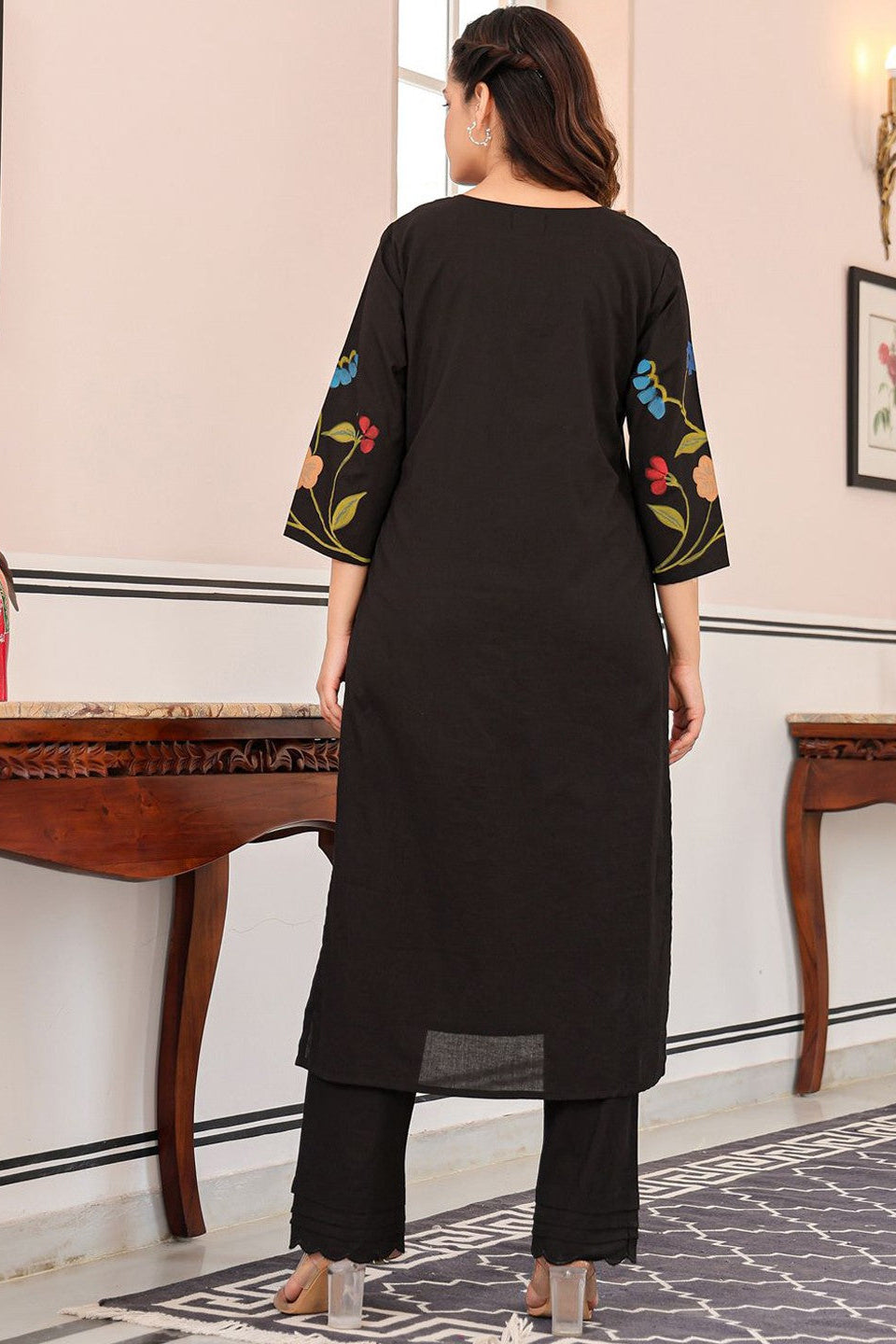 Kokko Stylish Black Printed Cotton Kurta with Pants Set | 2-Piece Outfi