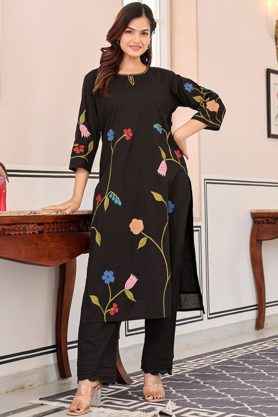 Kokko Stylish Black Printed Cotton Kurta with Pants Set | 2-Piece Outfi