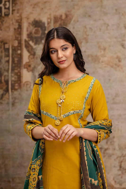 Mustard Yellow Pure Cotton A-Line 3-Piece Kurta Set with Printed Dupatta