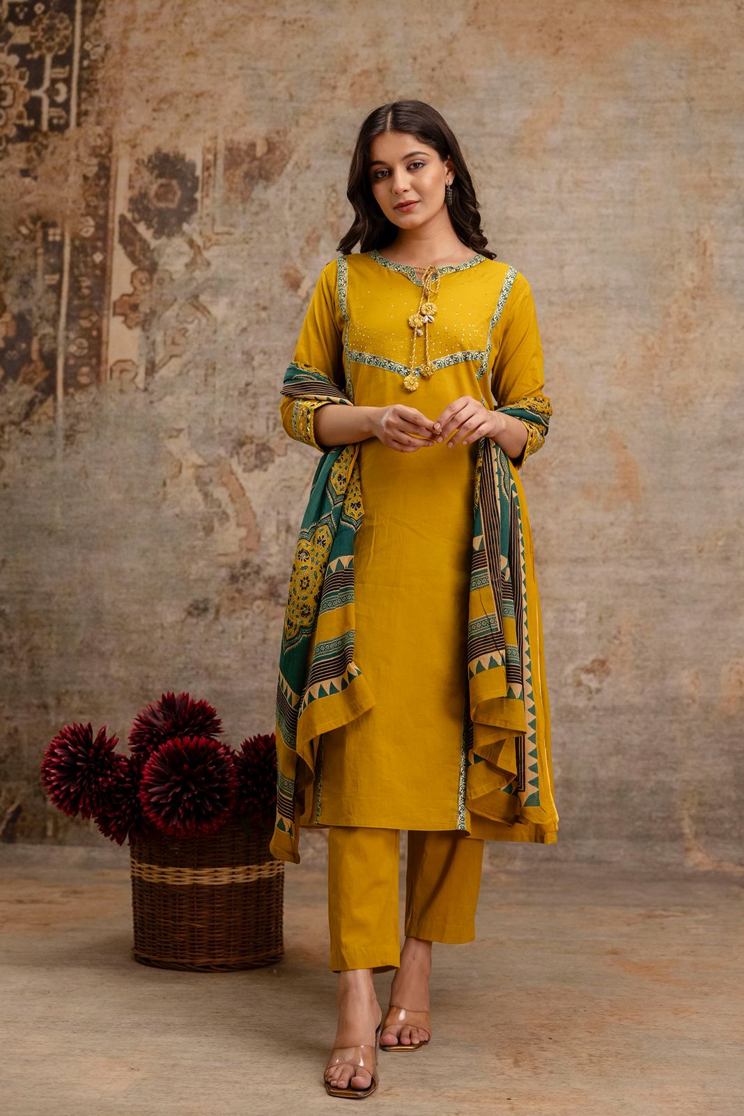 Mustard Yellow Pure Cotton A-Line 3-Piece Kurta Set with Printed Dupatta