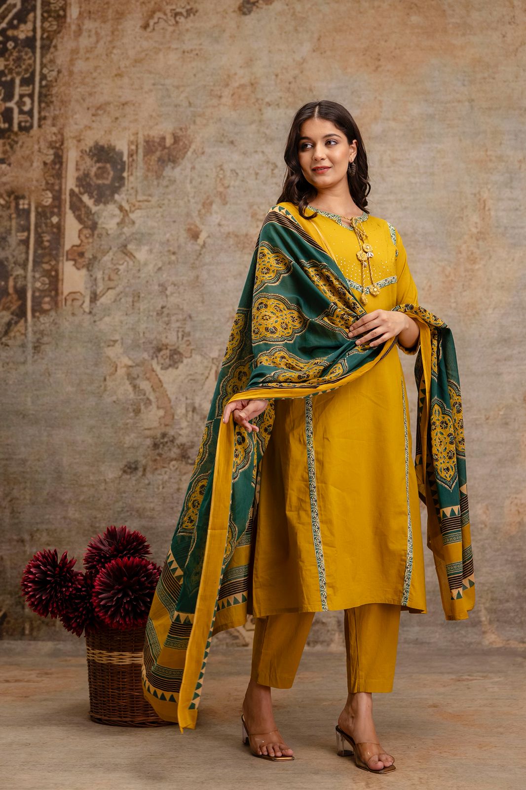 Mustard Yellow Pure Cotton A-Line 3-Piece Kurta Set with Printed Dupatta