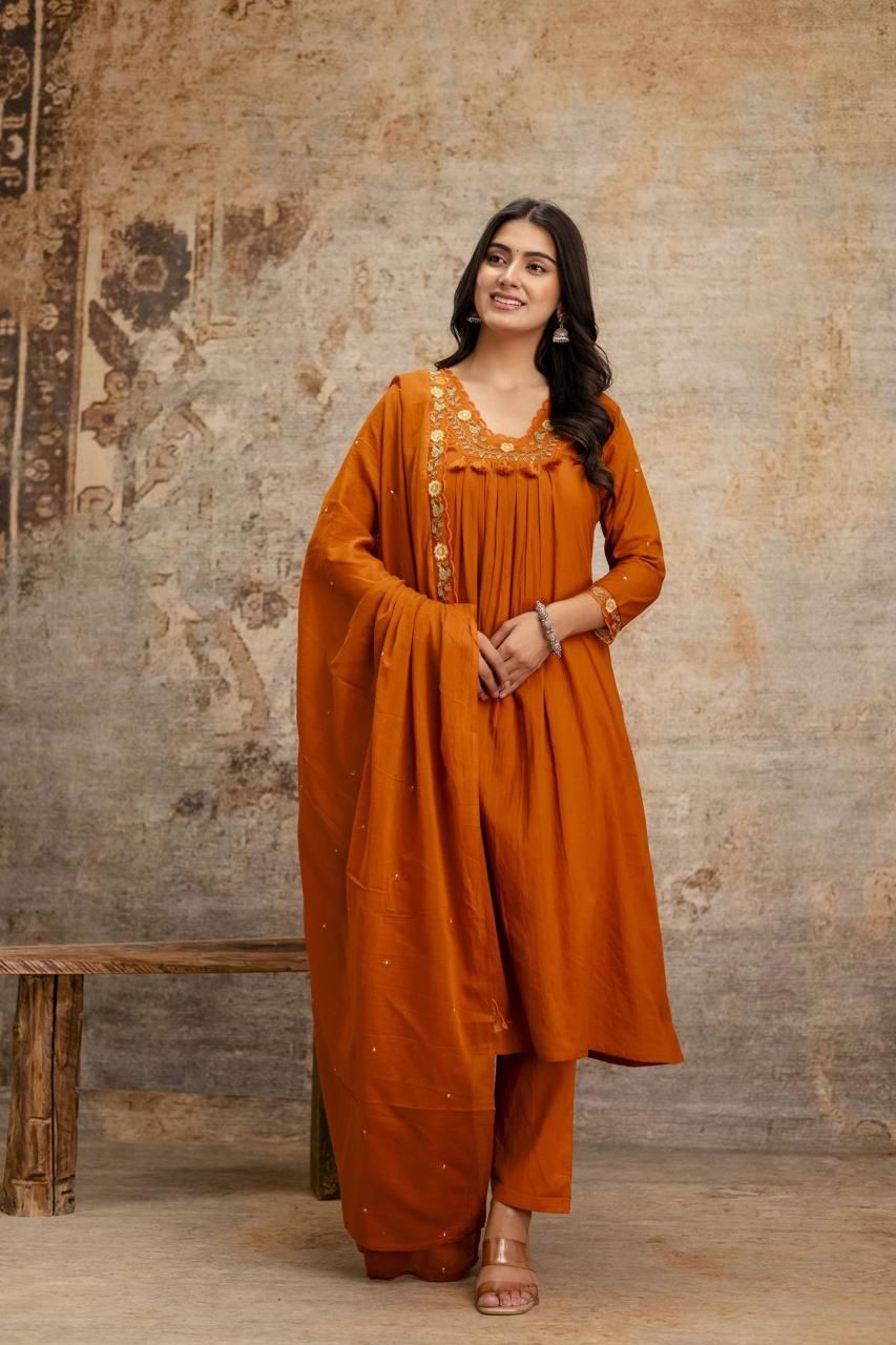 Rust Orange Self-Stripe Pure Cotton A-Line 3-Piece Kurta Set with Embroidered Dupatta