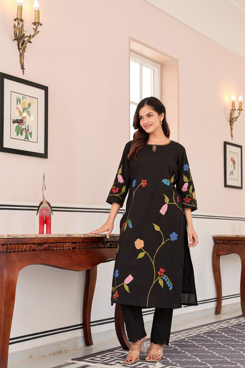 Kokko Stylish Black Printed Cotton Kurta with Pants Set | 2-Piece Outfi