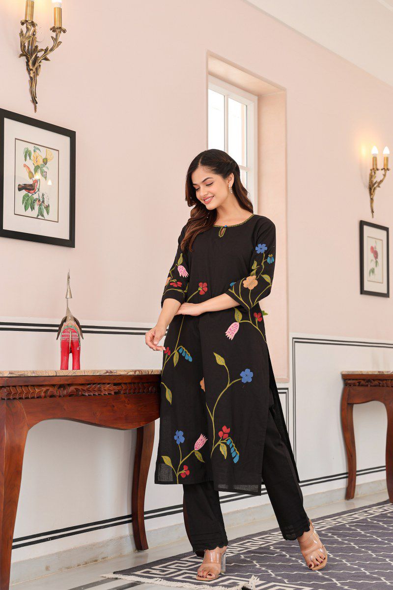 Kokko Stylish Black Printed Cotton Kurta with Pants Set | 2-Piece Outfi