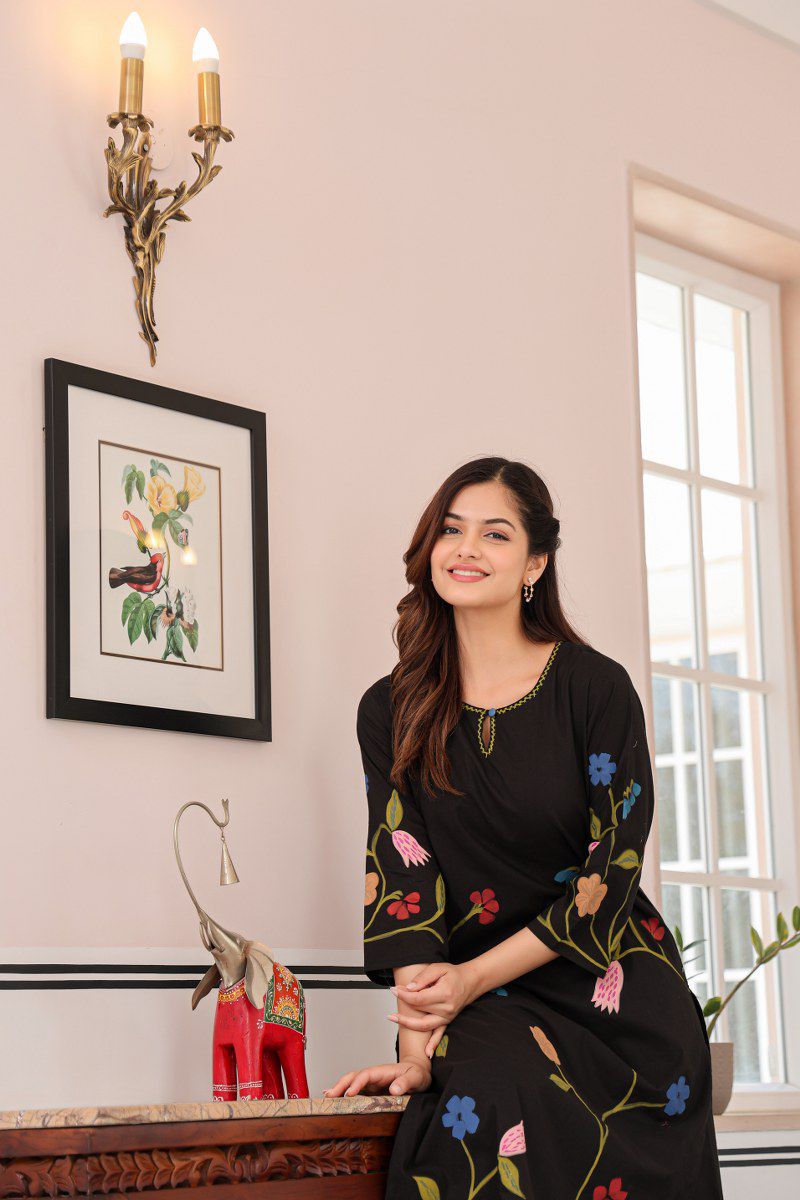 Kokko Stylish Black Printed Cotton Kurta with Pants Set | 2-Piece Outfi