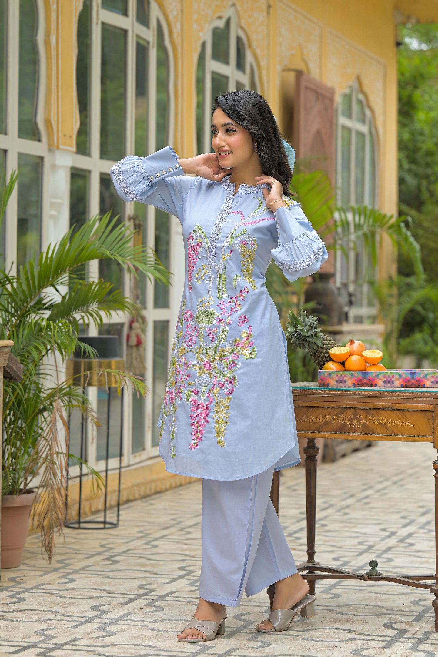 Stylish Sky Blue Embroidered Cotton Co-ord Set | Short Kurta with Pants