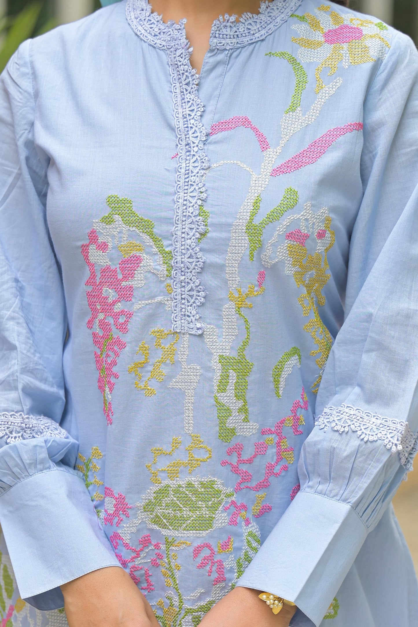 Stylish Sky Blue Embroidered Cotton Co-ord Set | Short Kurta with Pants
