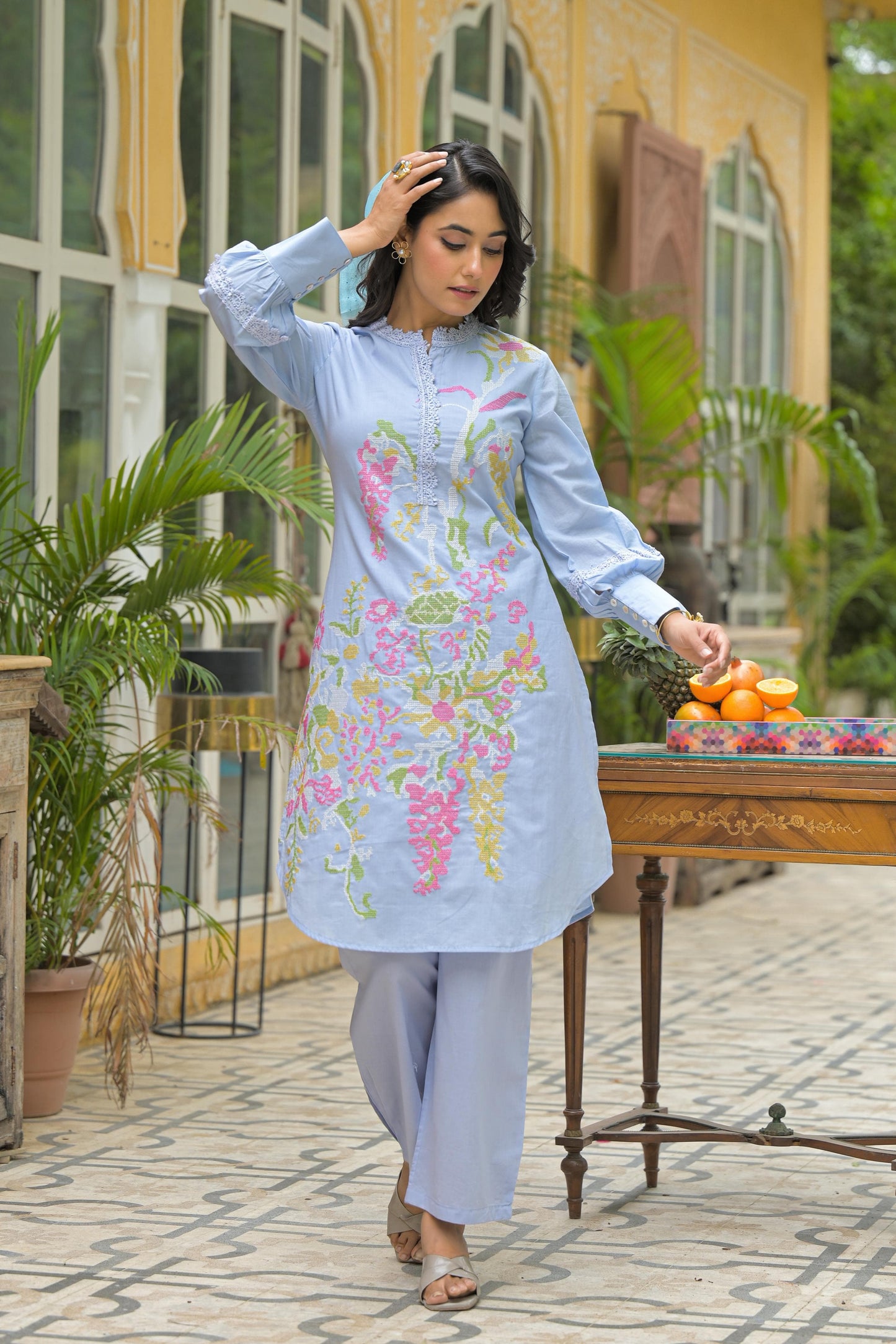 Stylish Sky Blue Embroidered Cotton Co-ord Set | Short Kurta with Pants