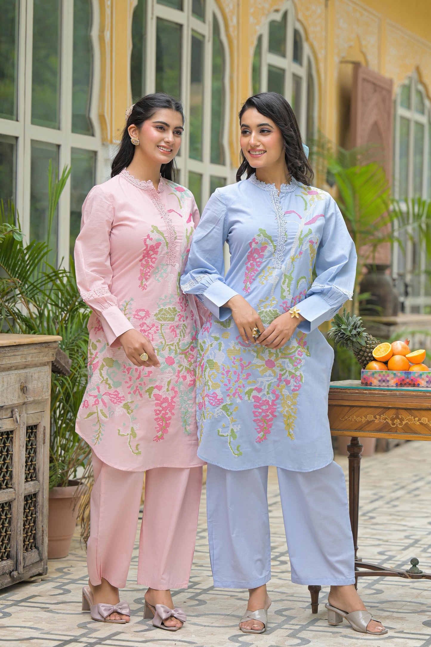 Stylish Sky Blue Embroidered Cotton Co-ord Set | Short Kurta with Pants