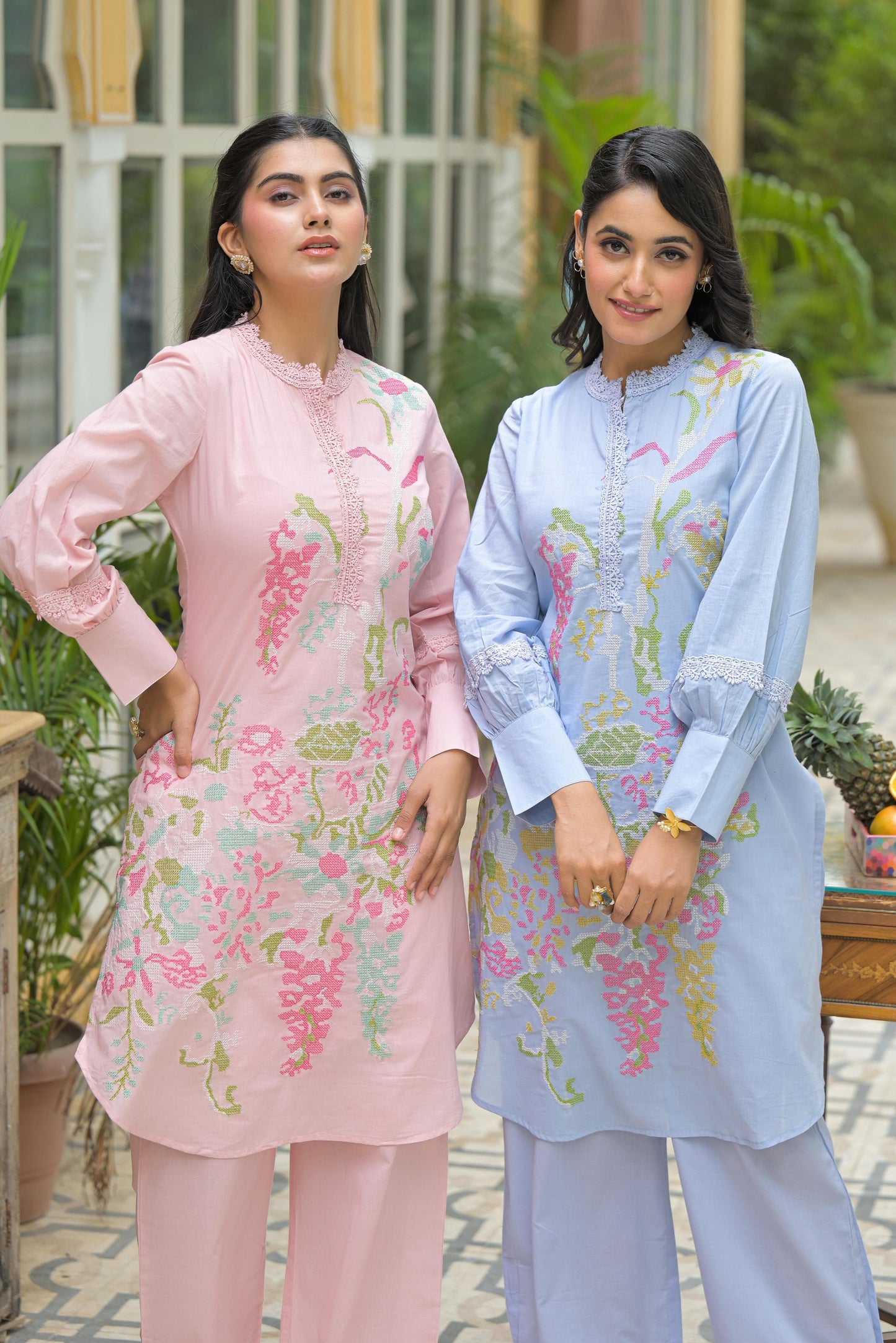 Stylish Sky Blue Embroidered Cotton Co-ord Set | Short Kurta with Pants