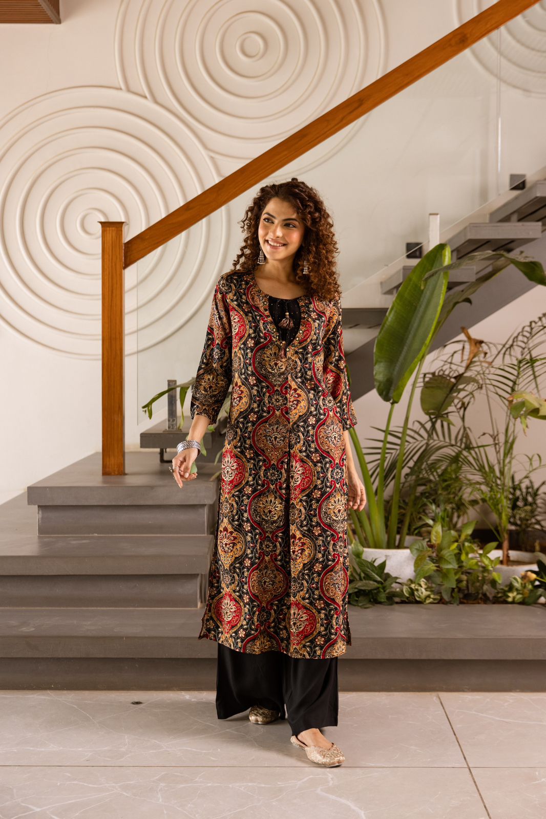 Stylish Printed Jacket-Style Kurta with plazo Set | Black Cotton 2-Piece Outfit