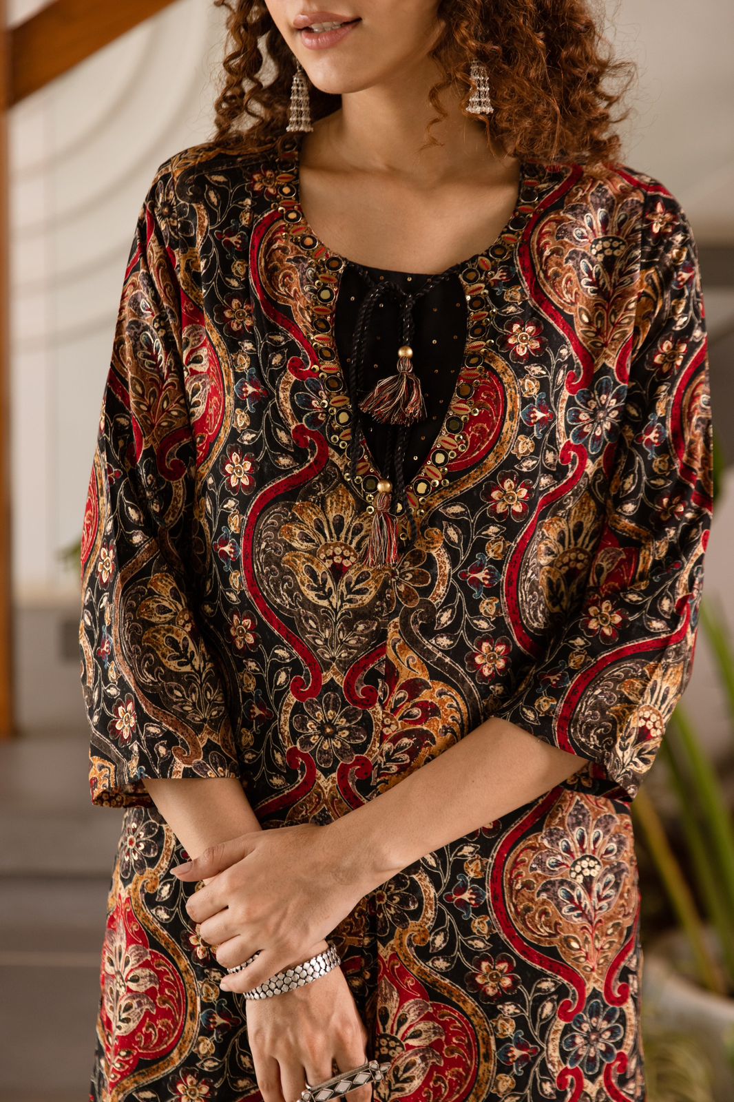 Stylish Printed Jacket-Style Kurta with plazo Set | Black Cotton 2-Piece Outfit