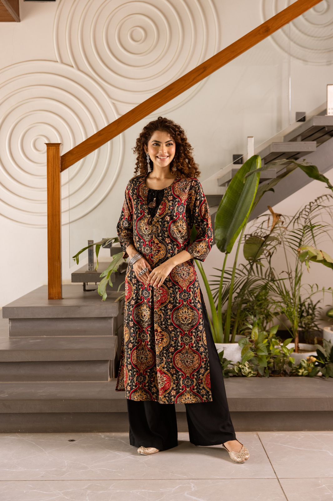 Stylish Printed Jacket-Style Kurta with plazo Set | Black Cotton 2-Piece Outfit