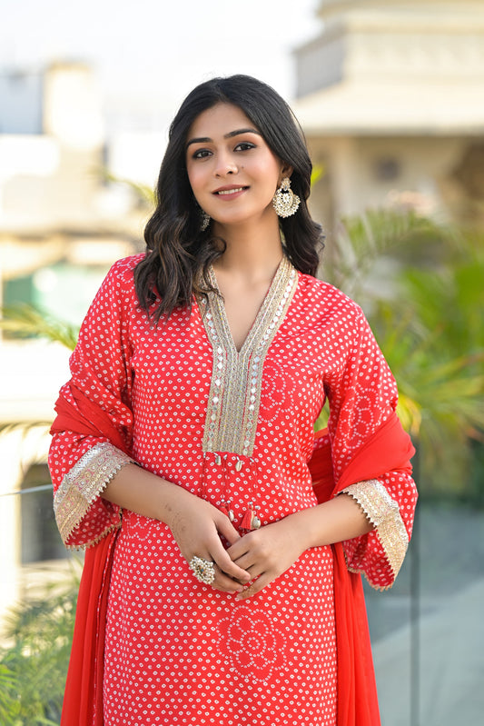 Red Printed Maslin Kurta Salwar Set | Embroidered 3-Piece Outfit