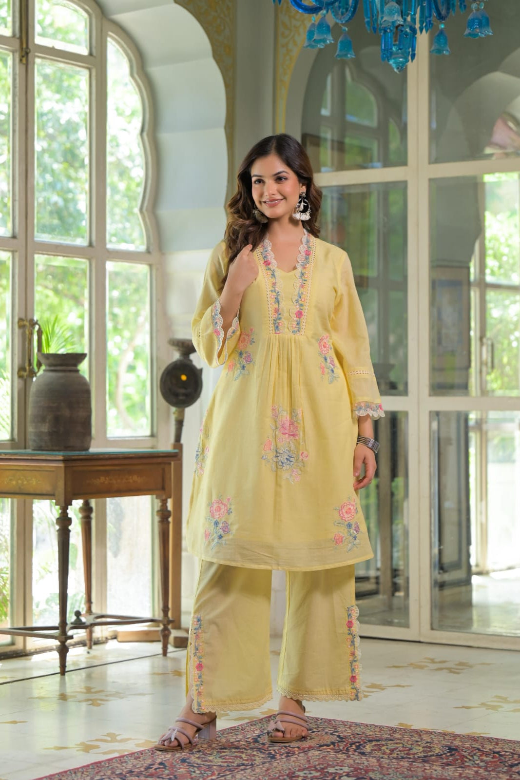 Kokko Hand-Embroidered Cotton Co-ord Set | Stylish Short Kurta with Pants