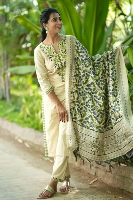 Embroidered Cotton Flex Kurta Pant Set with Silk Dupatta | 3-Piece Outfit