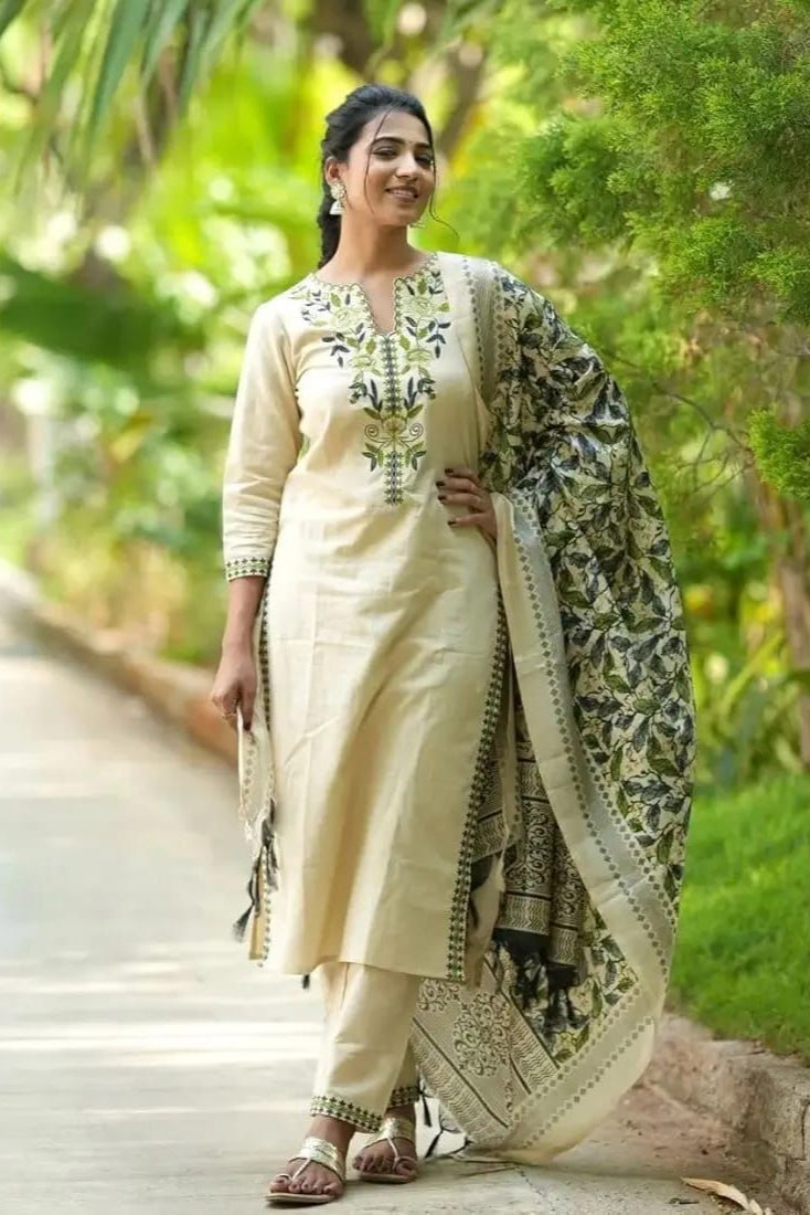 Embroidered Cotton Flex Kurta Pant Set with Silk Dupatta | 3-Piece Outfit