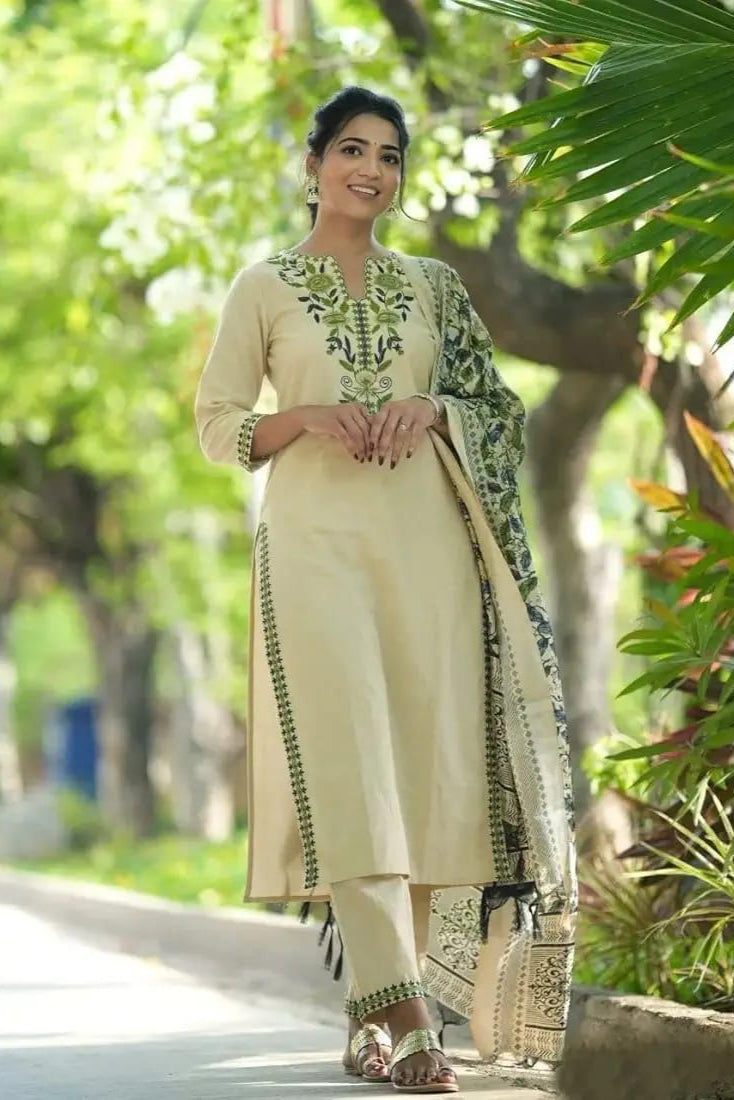 Embroidered Cotton Flex Kurta Pant Set with Silk Dupatta | 3-Piece Outfit