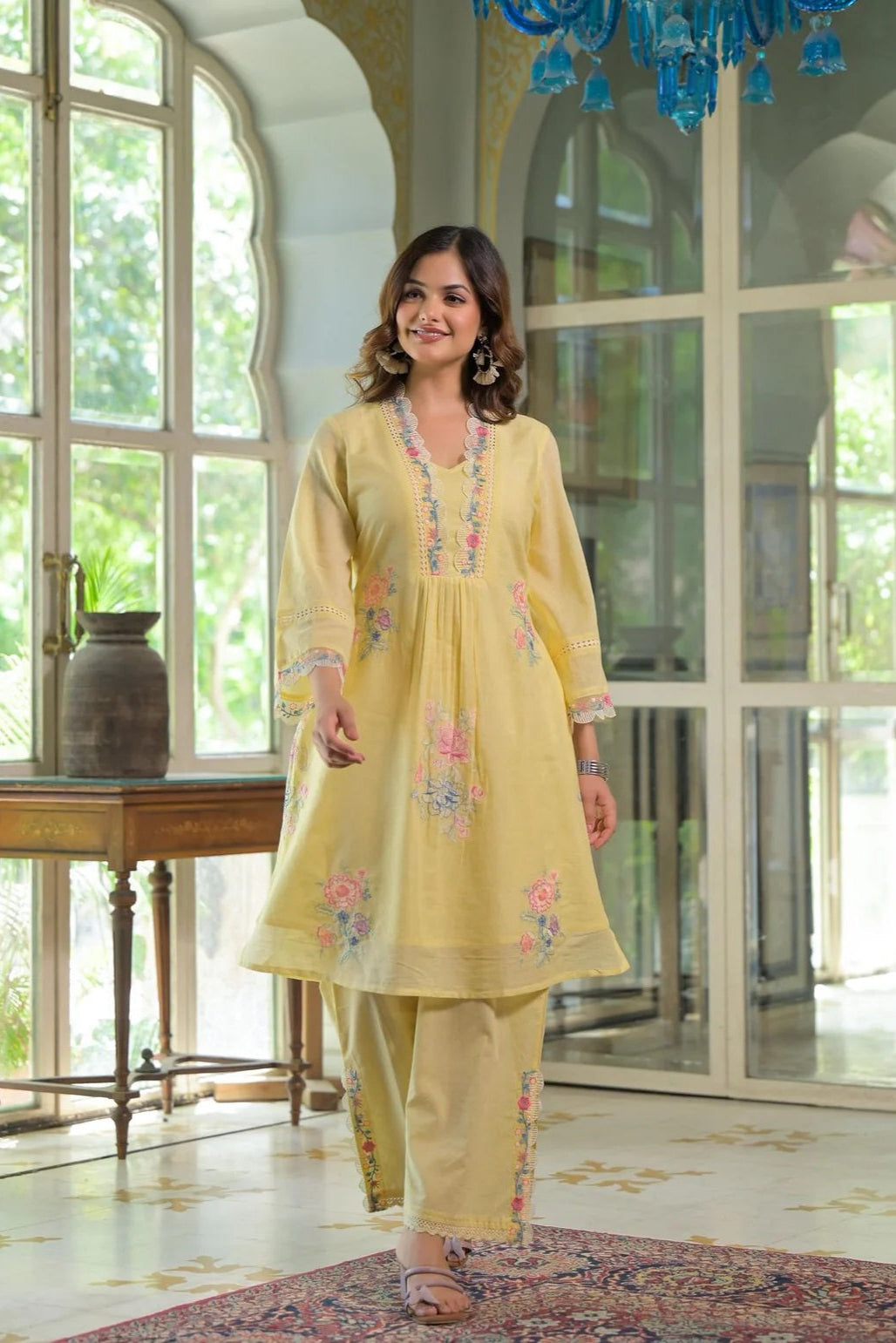 Kokko Hand-Embroidered Cotton Co-ord Set | Stylish Short Kurta with Pants
