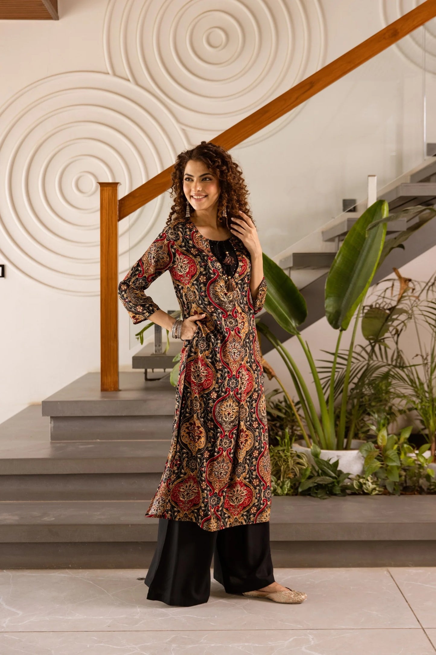 Stylish Printed Jacket-Style Kurta with plazo Set | Black Cotton 2-Piece Outfit