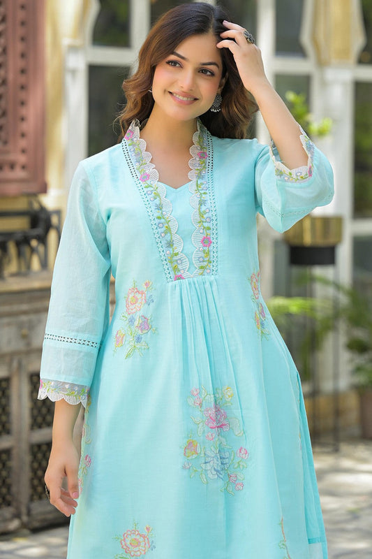 Kokko Hand-Embroidered Cotton Co-ord Set | Stylish Short Kurta with Pants