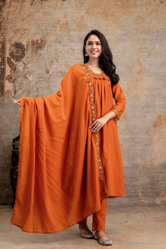 Rust Orange Self-Stripe Pure Cotton A-Line 3-Piece Kurta Set with Embroidered Dupatta