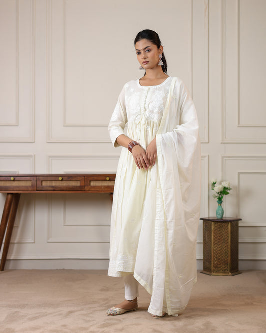 Ivory White Mul Cotton Embroidered Anarkali Kurta Set with Dupatta