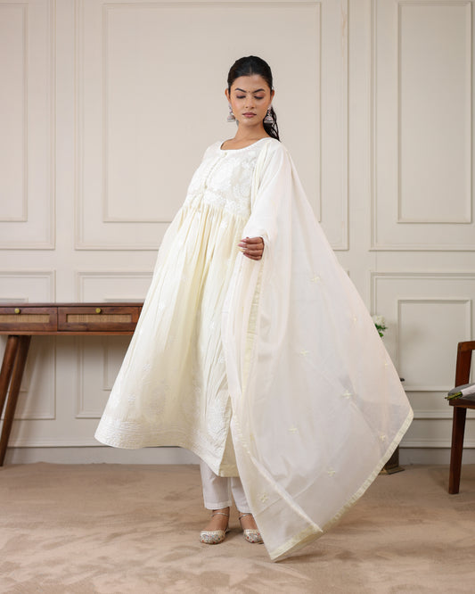 Ivory White Mul Cotton Embroidered Anarkali Kurta Set with Dupatta