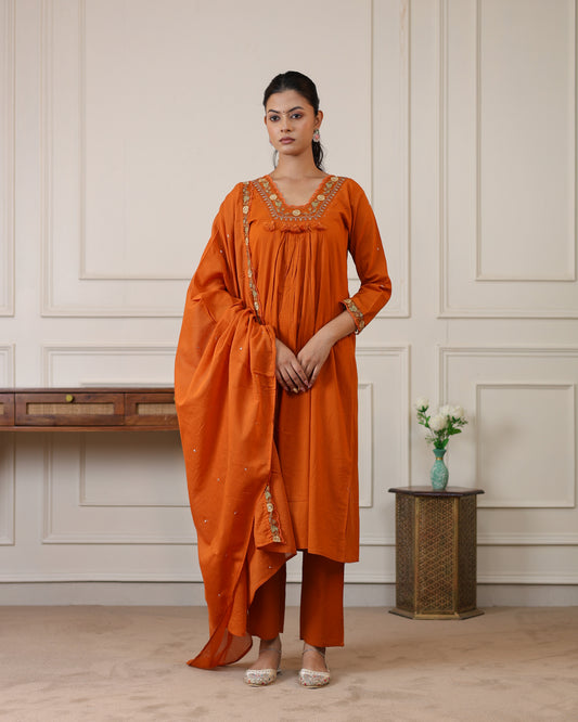 Rust Ember Embroidered Kurta Pant Set with Dupatta