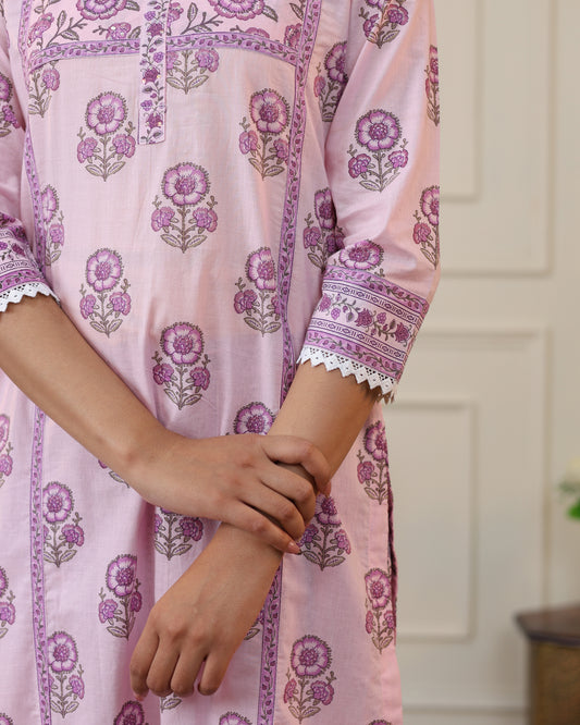 Pink Pure Cotton Printed Kurta Pant Set for Women