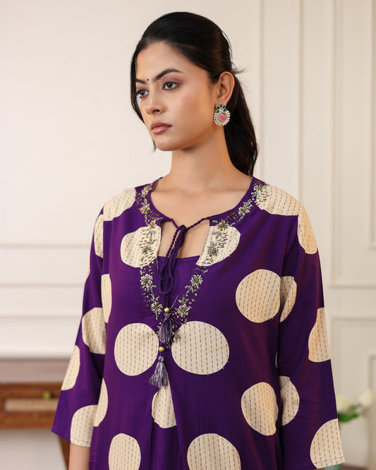 Royal Orchid Polka Print Kurta Pant Set
