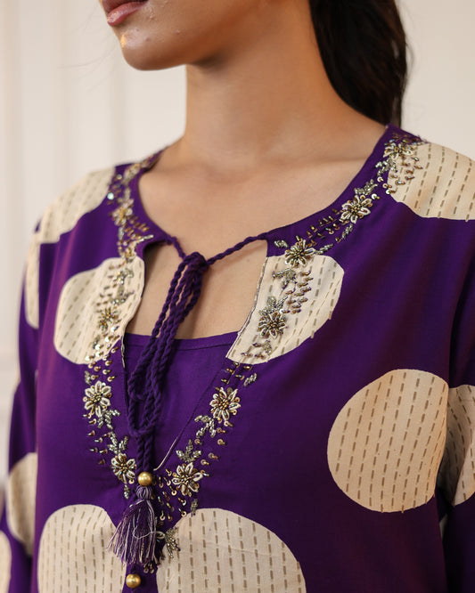 Royal Orchid Polka Print Kurta Pant Set