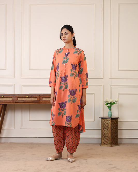 Coral Blossom Printed Cotton Kurta & Pant Set