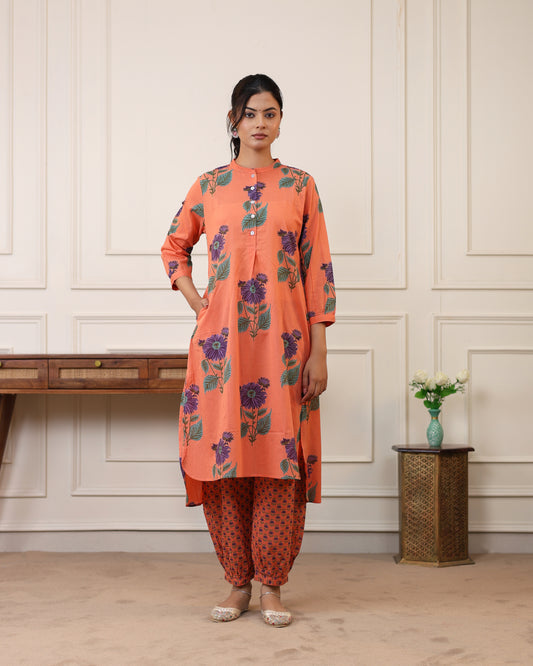 Coral Blossom Printed Cotton Kurta & Pant Set