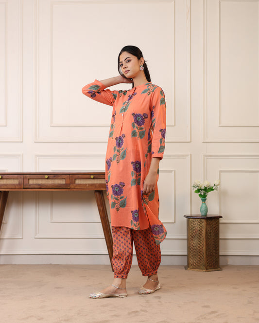 Orange Printed pure Cotton Kurta & Pant Set