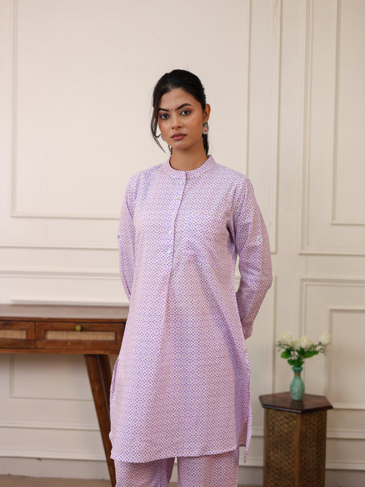 Lilac Printed Cotton Kurta & Pant Set